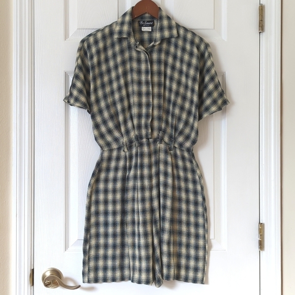 Be Smart 80's Vintage Classic Plaid Short Sleeve Wide Leg Romper Navy Cream 3/4 - Picture 1 of 16